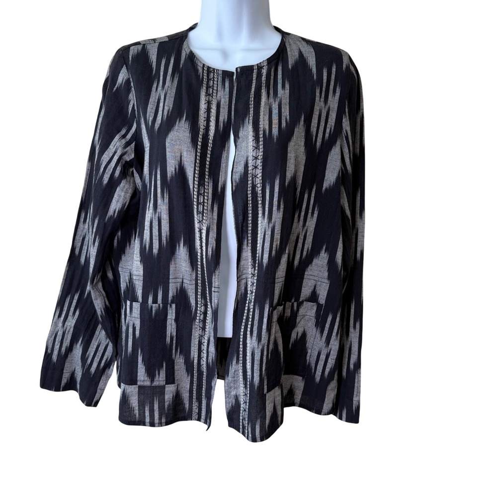 Pure Jill Elements Ikat Print‎ Cotton Linen Open Front Jacket Size XS Artsy